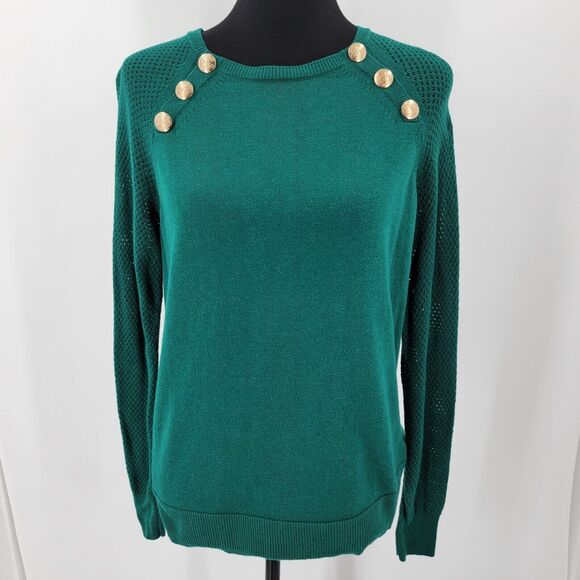 The Limited Sweater Womens Large Green Open Knit Sleeves Gold Button Accents - Picture 1 of 11